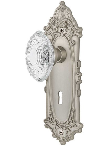 Victorian Mortise-Lock Set Matching Crystal-Glass Knobs in Satin Nickel.